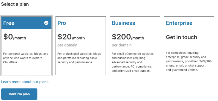 chọn các plan của Cloudflare