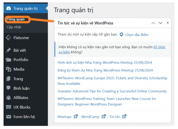 Trạng thái tin tức và sự kiện về wordpress ở trang tổng quan