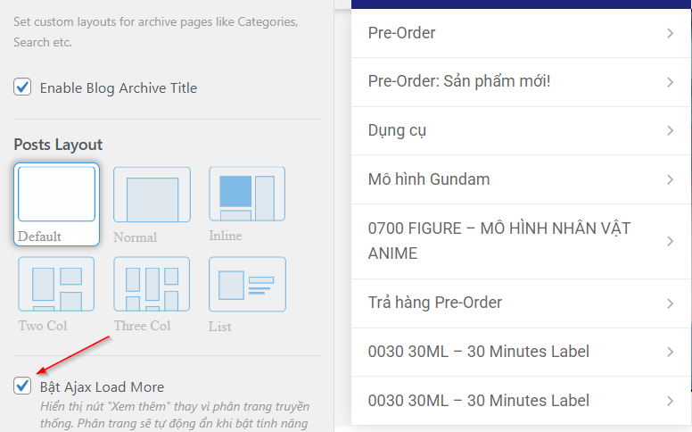 Bật Ajax Load More